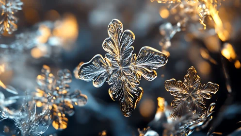 Glowing crystalline snowflakes shimmer in warm winter light