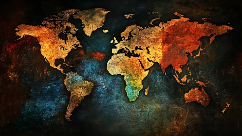 Grunge world map glows with warm textured continents