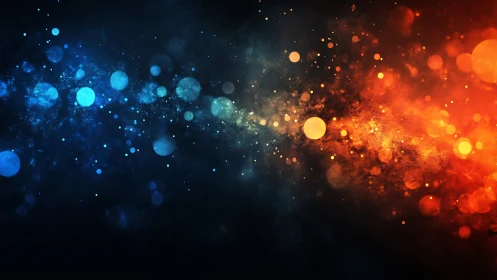 Blue and orange particle fields collide across dark background.