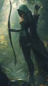Shadowed forest huntress poised in shafts of emerald light.