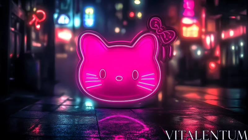 Neon pink cat emblem in rain-slick cyberpunk streetscape.