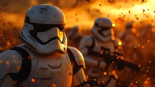 Armored sci‑fi soldiers in burning orange battlefield environment.