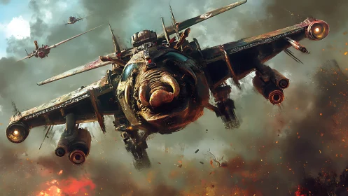 War-torn attack gunship advances through incendiary smoke