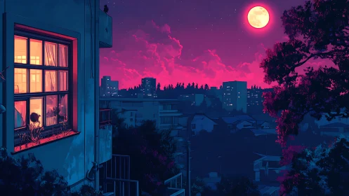 Moonrise over neon dusk windows in a quiet cityscape.