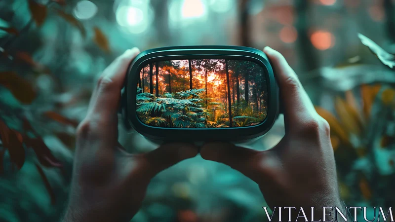 Hands hold a device framing a forest scene with backlit trees