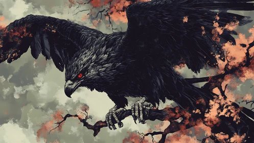 Majestic black raven on branch, fantasy digital painting style.