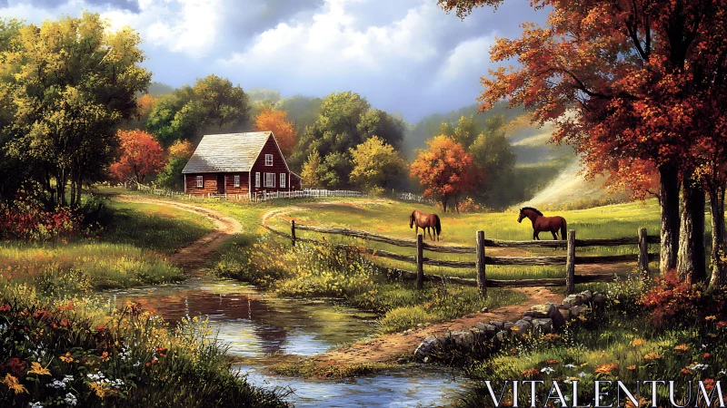 Rural farmhouse with horses beside stream in autumn light.