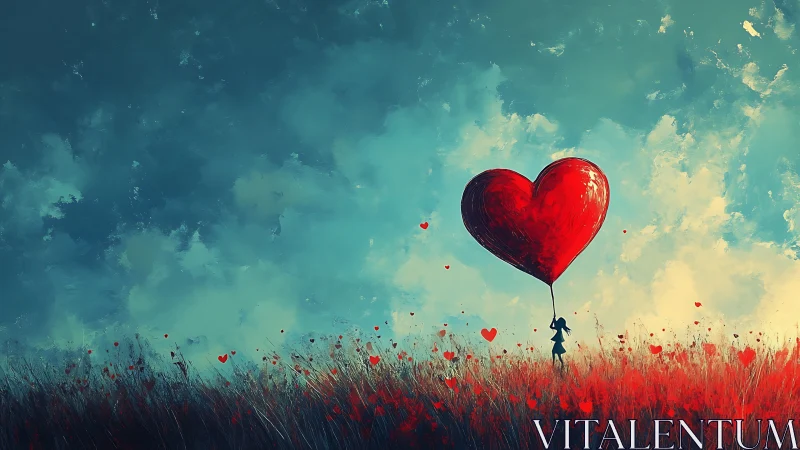 Figure holding large red balloon against cloud sky