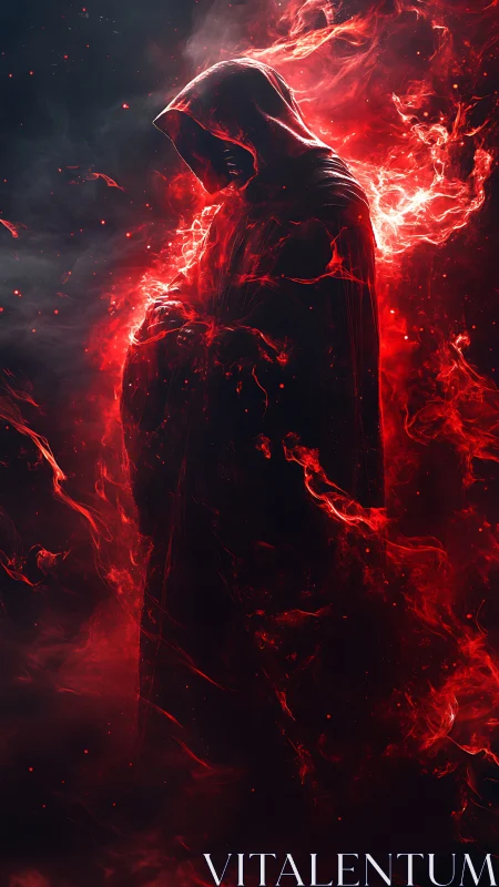 Hooded fire wraith emerges from swirling crimson inferno