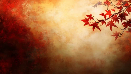 Crimson maple leaves drifting across warm abstract sky.