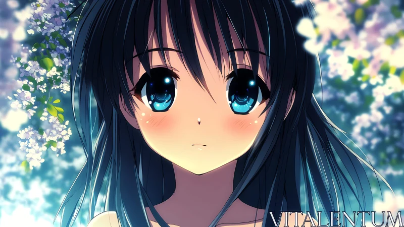 Blue-eyed anime girl under soft floral bokeh lighting.
