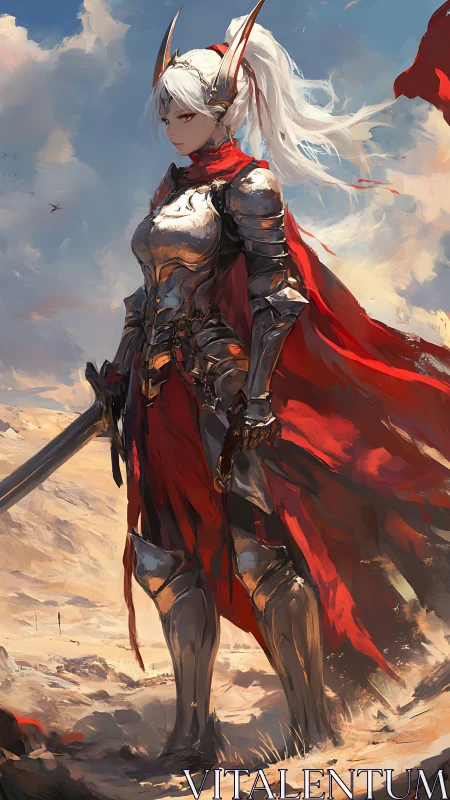 Silver-armored warrior stands resolute beneath crimson banners.