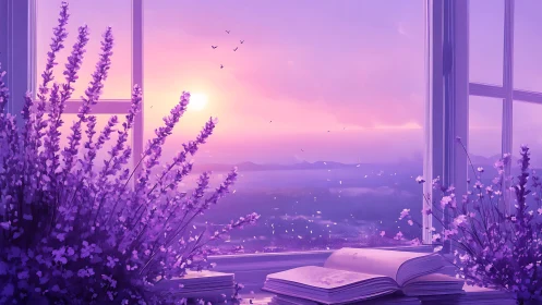 Lavender window daydream with soft sunset and open book.