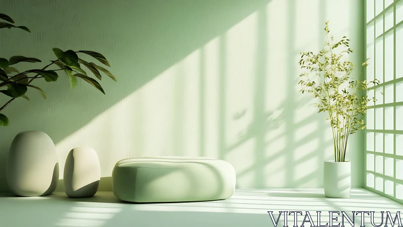 Minimalist zen interior with soft light and green plants.