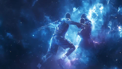 Cosmic basketball showdown glowing with electric blue energy.