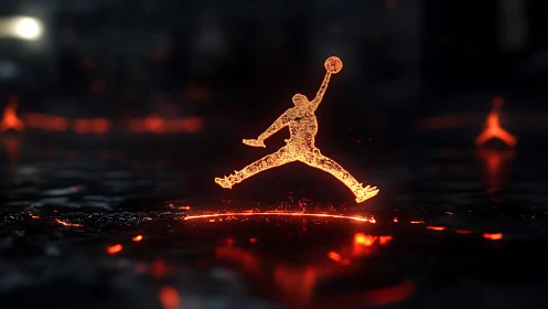 Glowing basketball jumper silhouette over molten ground.