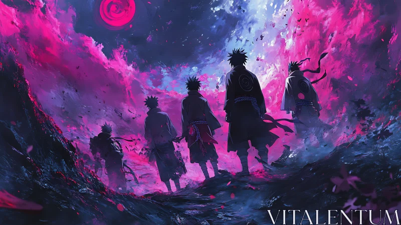 Silhouetted warriors stand beneath swirling pink and blue sky