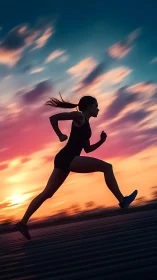 Silhouette runner strides across vivid sunset skyline.
