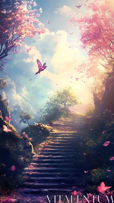 Enchanted stone stairway ascends through luminous cherry grove