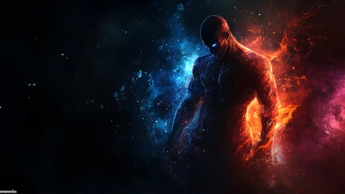 Luminous fireborn sentinel striding between frost and embers.