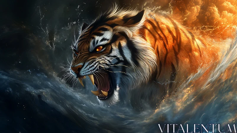 Digital rendering of tiger emerging through water and clouds.