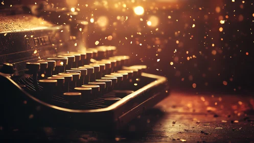 Glowing vintage typewriter in a storm of golden dust.