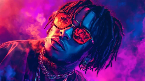 Neon lit portrait captures cool man in reflective red glasses