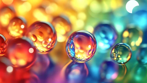 Glowing rainbow glass orbs sparkling in soft dreamy light.