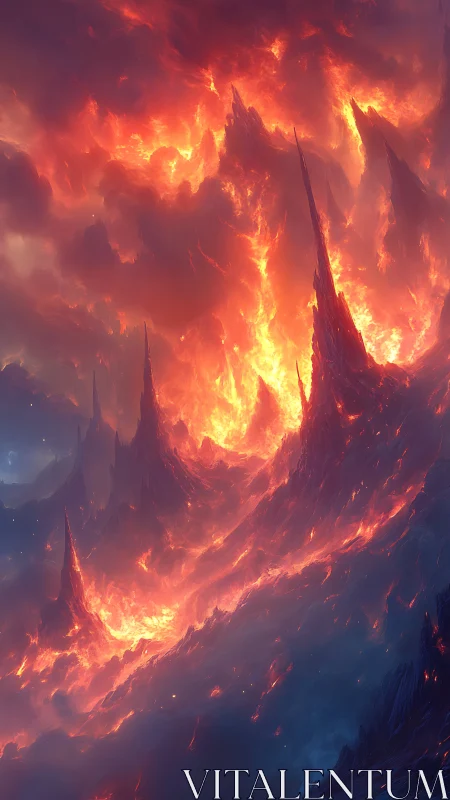 Infernal Spires: Apocalyptic Volcanic Landscape with Towering Flame Formations