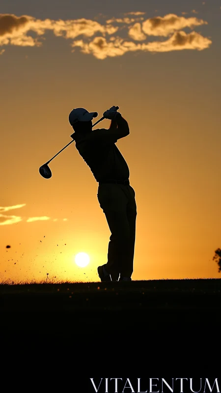 Sunset golfer finishing a graceful swing on quiet fairway.