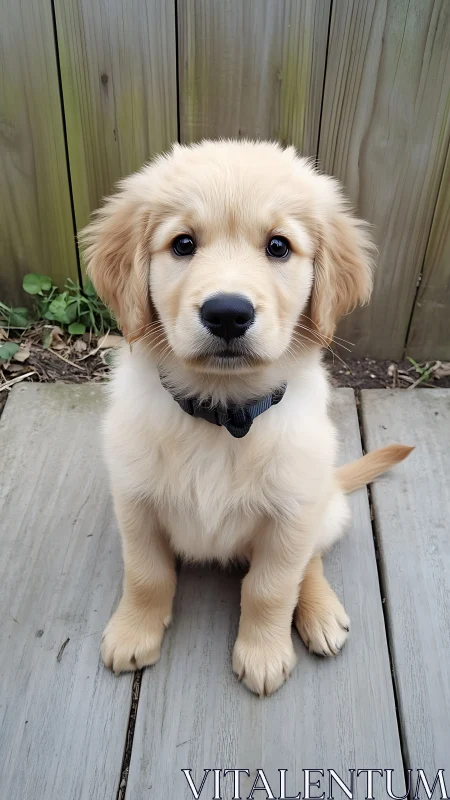 Golden retriever puppy sits on wooden deck facing camera
