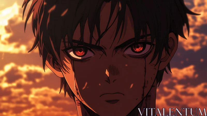 Close frontal view of anime boy with glowing red eyes.