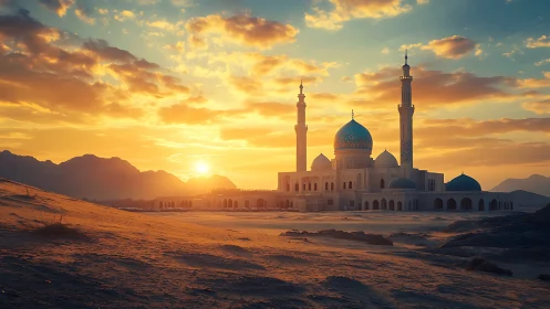 Desert mosque with blue domes under warm sunset light.