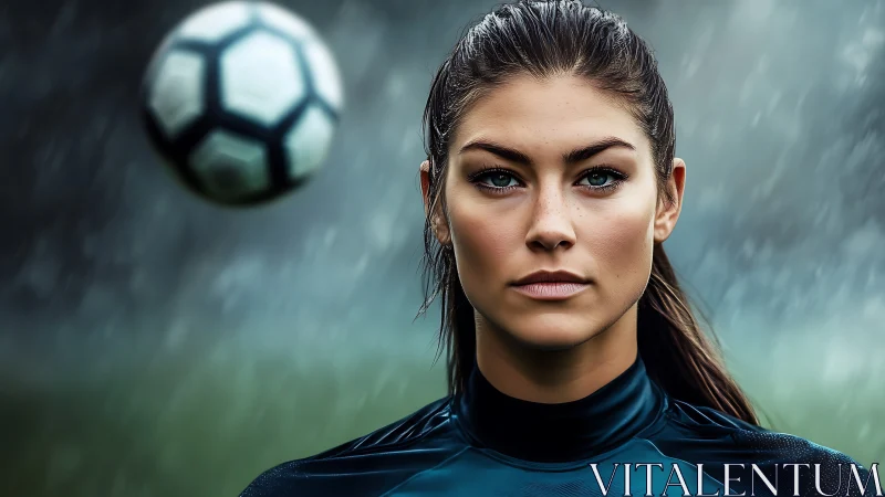 Focused female soccer player stands in the rain, eyes locked ahead.