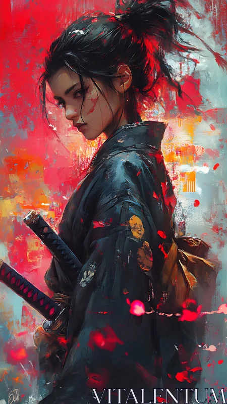 Defiant female samurai stands against vivid abstract red storm