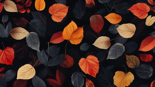 Multicolored autumn leaves pattern on dark background.