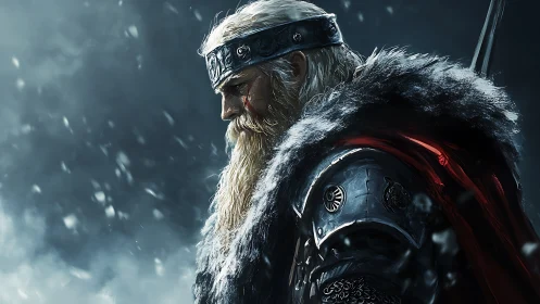 Armored northern warrior in snowfall side profile view.