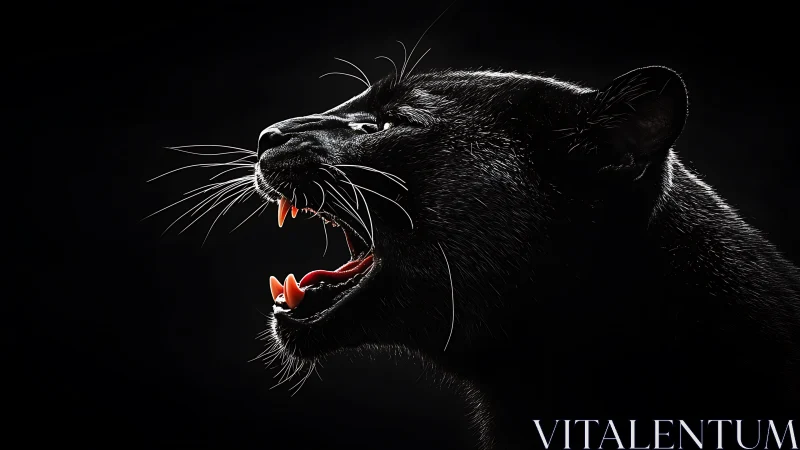 Feline Predator Portrait with Exposed Dentition Against Black Ground.