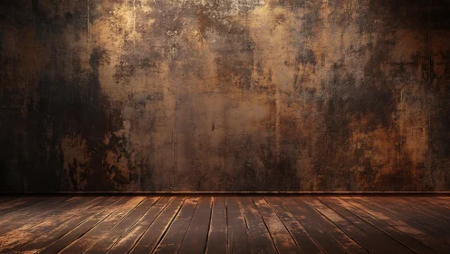 Textured rusted plaster wall with distressed wooden floorboards