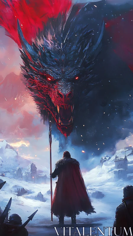 Warrior confronts colossal fire-eyed dragon over frozen realm