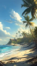 Tropical Coastline with Palm Trees and Crystalline Azure Waters at Golden Hour