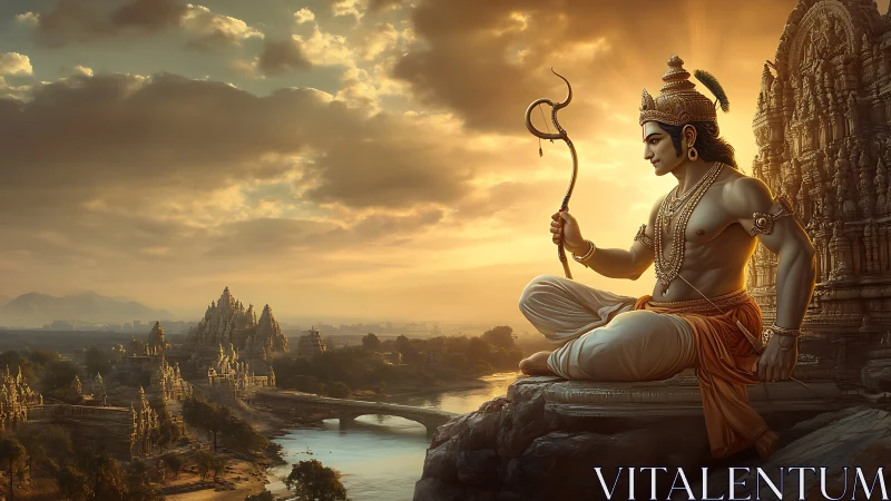 Divine warrior deity overlooking sunlit river temple city