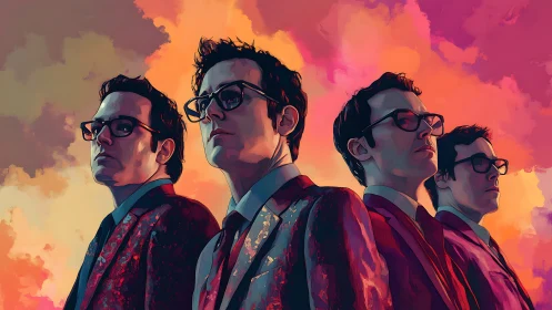 Four suited men with glasses stand before vivid sunset sky