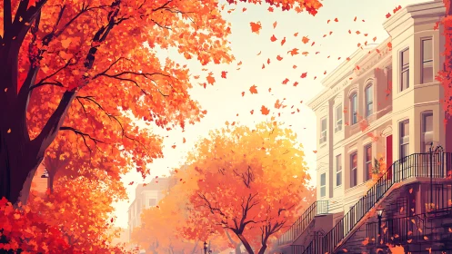 Golden autumn trees brighten a quiet city neighborhood street
