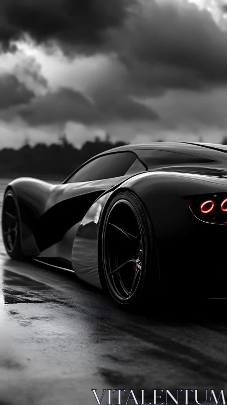 Sleek black supercar on wet track under storm clouds.