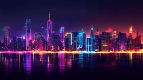 Neon cyberpunk city skyline glowing over night harbor.