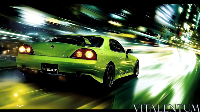 Green sports car on blurred night city street scene.