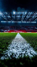Low-angle football pitch line under stadium floodlights.