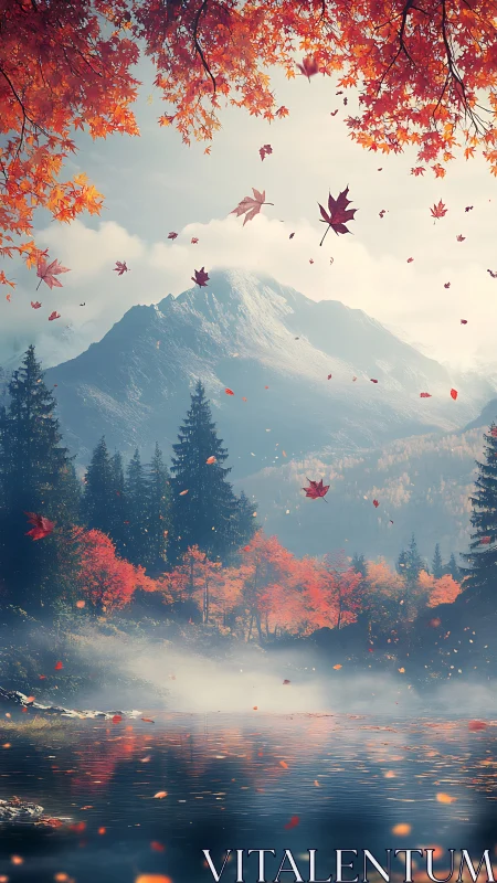 Autumn mountain valley rendered with atmospheric depth and misty river