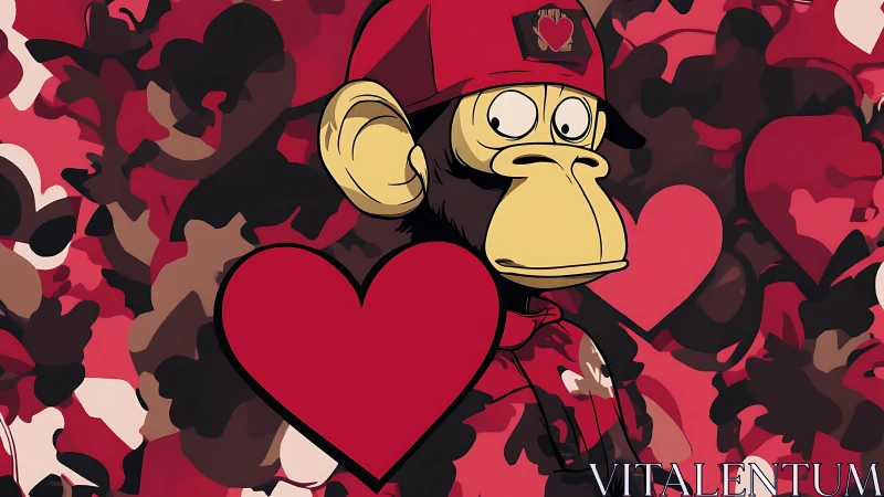 Vector chimp portrait nested in camouflage heart matrix.